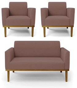 Conjunto 2 Poltronas e 1 Namoradeira Decorativa Isabella Pés Fixo em Madeira Castanho Veludo Rose G19 - Gran Belo