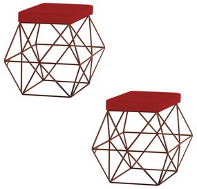 Kit 2 Puffs Decorativo Sala de Estar Base Bronze Trixie Suede Vermelho G41 - Gran Belo