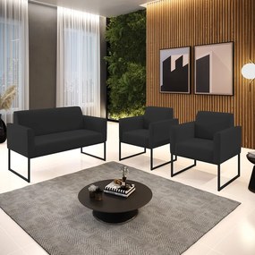 Sofá Namoradeira com 2 Poltronas Base Industrial Preto Marisa Veludo D03 - D'Rossi - Preto