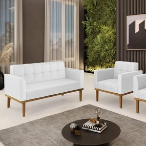 Conjunto Poltrona e Namoradeira Decorativas Karen Pés Fixo em Madeira Castanho PU Branco G19 - Gran Belo