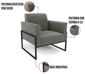 Kit 2 Poltronas Base Industrial Alta Preto Marisa Suede - Grafite