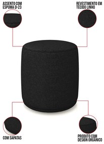 Puff Redondo Orgânico para Sala Malu Linho M11 - D'Rossi - Preto