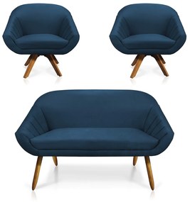 Kit 01 Namoradeira 02 Lugares e 02 Poltronas Giratória Giovana Suede Base Madeira MM30 - D'Rossi - Azul Marinho