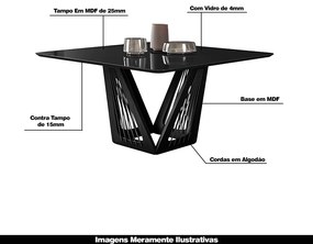 Mesa Sala de Jantar 4 Lugares 150cm Tampo Quadrado de Vidro Giaguaro Preto/Ébano G13 - Gran Belo