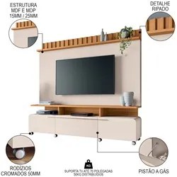 Estante Painel Para TV 70 Pol 200cm Ripado Artist H01 Off White/Cinamo