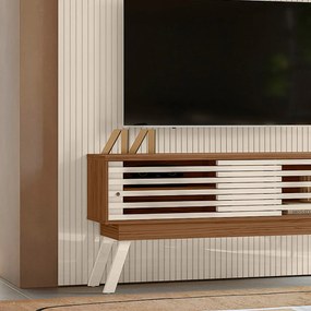 Painel TV 65 Pol 179cm Ripado Valen e Bancada Orlin M20 - D'Rossi - Naturale(fosco)/Off White(brilho)