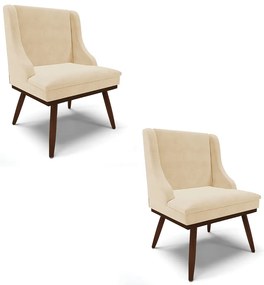 Kit 02 Cadeiras de Jantar Liz Suede Bege Base Fixa Madeira com Pés Palito Tabaco D03 - D'Rossi