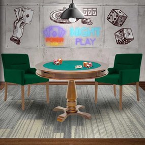 Mesa de Jogos Carteado Victoria Redonda Tampo Reversível Amêndoa com 2 Cadeiras Vicenza Suede Verde G36 G15 - Gran Belo