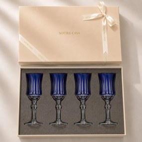 Kit 4 Taças de Cristal Flauta Lapidado 66 p/ Vinho Tinto c/ Caixa de Presente - Azul Escuro Azul Escuro