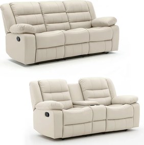 Conjunto de Poltronas 2 e 3 Lugares Sala de Estar Reclinável Hollywood Manual Aquecimento Massagem Porta Copos PU Bege G94 - Gran Belo