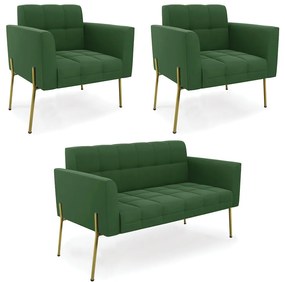 Sofá Namoradeira e 2 Poltronas Pé de Ferro Dourado Elisa Suede D03 - D'Rossi - Verde