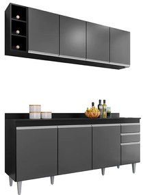 Conjunto Balcão de Cozinha com Tampo Apex Armário Aéreo MDP/BP Preto/Grafite G96 - Gran Belo