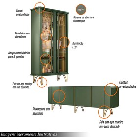 Conjunto Cristaleira Buffet com LED Portas de Vidro Pés Aço Maciço Cor Dourado Texas/Virginia Verde Pistache G26 - Gran Belo