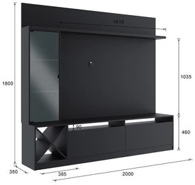 Painel Home Suspenso Sala Para Tv Vidro E 7 Prateleiras - Preto