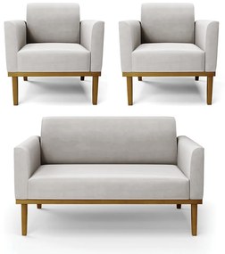 Conjunto 2 Poltronas e 1 Namoradeira Decorativa Isabella Pés Fixo em Madeira Castanho Veludo Cinza G19 - Gran Belo