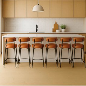 Banqueta Cozinha Alta com Encosto Industrial Preto Kit 6 Londres PU D03 - D'Rossi - Caramelo