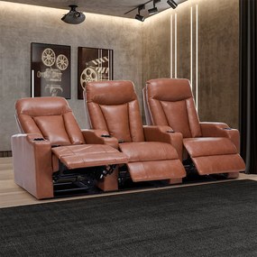 Poltrona Sala de Cinema 3 Lugares Elétrica Reclinável Califórnia Aquecimento Massagem Entrada USB/USB-C PU Caramelo G94 - Gran Belo