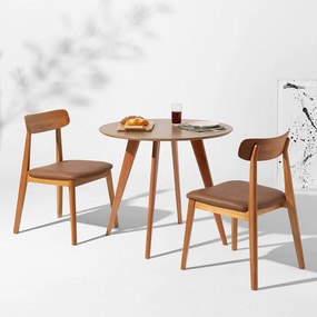 Conjunto Mesa de Jantar Square Redonda Bétula - 88cm + 2 Cadeiras Nord Encosto Madeira Assento PU - Cognac