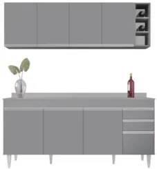 Armário Cozinha e Balcão Com Tampo 180cm Dallas Cinza       - Lumil