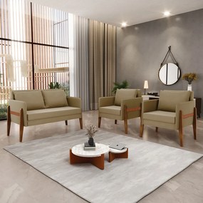 Kit 1 Sofá Namoradeira e 2 Poltronas Lana Suede Marrom Rato Base de Madeira - D'Rossi