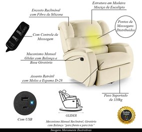 Poltrona do Papai Sala de Cinema Reclinável Kylie Glider Manual Giratória Massagem USB PU Bege G23
