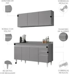Armário Cozinha e Balcão Com Tampo 150cm Marrocos Cinza     - Lumil