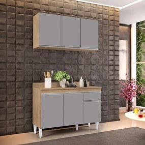 Kit Armário Aéreo e Balcão de Cozinha Lavanderia Lucy com Tampo 120cm L06 - D'Rossi - Castanho e Cinza