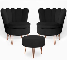 Conjunto 2 Poltrona Dália com Puff Chloe Pés Hairpin Legs Bronze Veludo Preto
