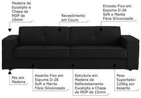 Sofá 3 Lugares Sala de Estar Pés Madeira Laus 242 cm Couro Preto G43 - Gran Belo