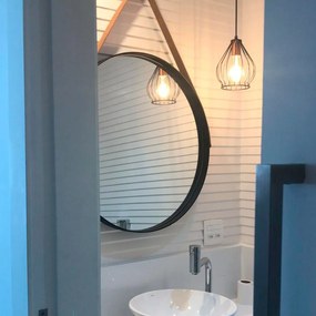 Espelho Redondo Decorativo Adnet Preto Escandinavo com Alça de Couro Caramelo 35 cm - D'Rossi