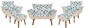 Kit 01 Namoradeira com 02 Poltronas e 02 Puffs Opala Composê Suede com Estampado Traçado Azul D33 Pés Palito Castanho - Bege