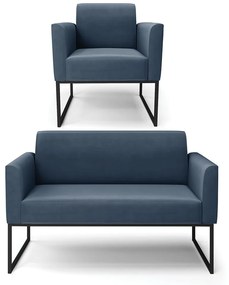 Sofá Namoradeira com Poltrona Base Industrial Preto Marisa Suede Azul Marinho D03 - D'Rossi