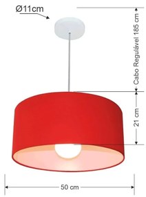 Lustre Pendente Cilíndrico 4052 Cúpula em Tecido 50x21cm Vermelho - Bivolt