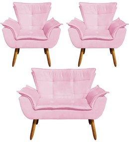 Namoradeira e 2 Poltronas Pé Palito Castanho Opala Suede Rosa Bebê D03 - D'Rossi