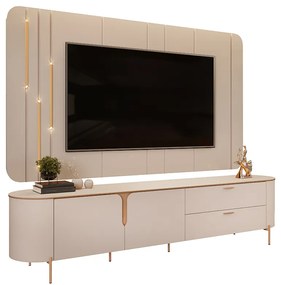 Painel com Bancada Celine Pés Metalicos em Dourado 241cm com LED Off White G18 - DJ Móveis