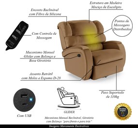 Poltrona do Papai Sala de Cinema Reclinável Kylie Glider Manual Giratória Massagem USB PU Caramelo G23