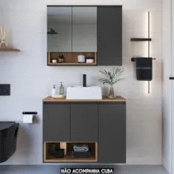 Gabinete Banheiro 80cm 3 Portas e Espelheira Taos Mel/Grafite F10 - Mp