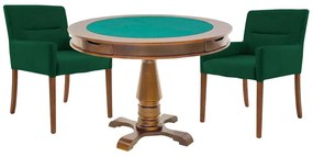 Mesa de Jogos Carteado Victoria Redonda Tampo Reversível Amêndoa com 2 Cadeiras Vicenza Suede Verde G36 G15 - Gran Belo