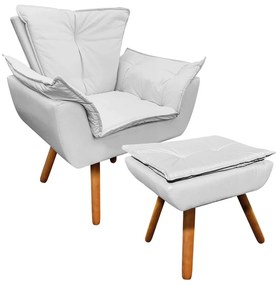 Poltrona e Puff Decorativo Pé Palito de Madeira Opala Corino - Branco