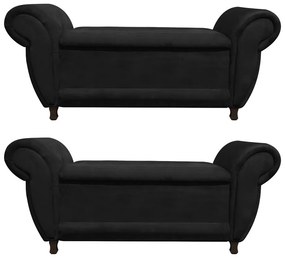 Kit 02 Recamier com Baú Itália Namoradeira Calçadeira Suede Preto D'Rossi