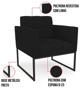 Kit 1 Sofá Namoradeira e 1 Poltrona Elisa Linho Preto A79 Base Metálica Industrial Preto D03 - D'Rossi