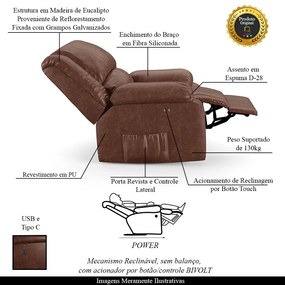 Poltrona do Papai Reclinável Sala de Cinema Madrid Power Touch USB PU Marrom Brilho  G23 - Gran Belo