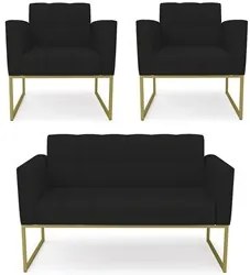 Sofá Namoradeira e 2 Poltronas Base Industrial Dourado Ana Linho Preto