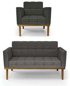 Conjunto Poltrona e Namoradeira Decorativas Karen Pés Fixo em Madeira Castanho Linho Cinza Mesclado G19 - Gran Belo