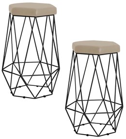 Kit 2 Banqueta Decorativa Rubel Base Preta Suede Bege G41 - Gran Belo