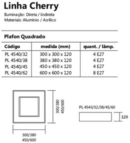 Plafon De Sobrepor Quadrado Cherry 4L E27 45X45X12Cm | Usina 4540/45 (BT - Branco Texturizado)