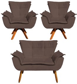 Sofá Namoradeira e 2 Poltronas Giratória MM30 Opala Suede D03 - D'Rossi - Marrom