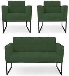 Sofá Namoradeira e 2 Poltronas Base Industrial Preto Ana Veludo Verde