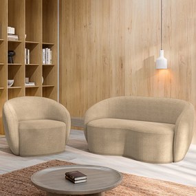 Conjunto 1 Sofá Living 160cm e 1 Poltrona Decorativa Sala de Estar Íbis Encosto Fixo Bouclê Bege G33 - Gran Belo