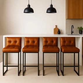 Banqueta Cozinha Alta com Encosto Industrial Kit 4 Preto Lirina PU Nozes C05 - D'Rossi